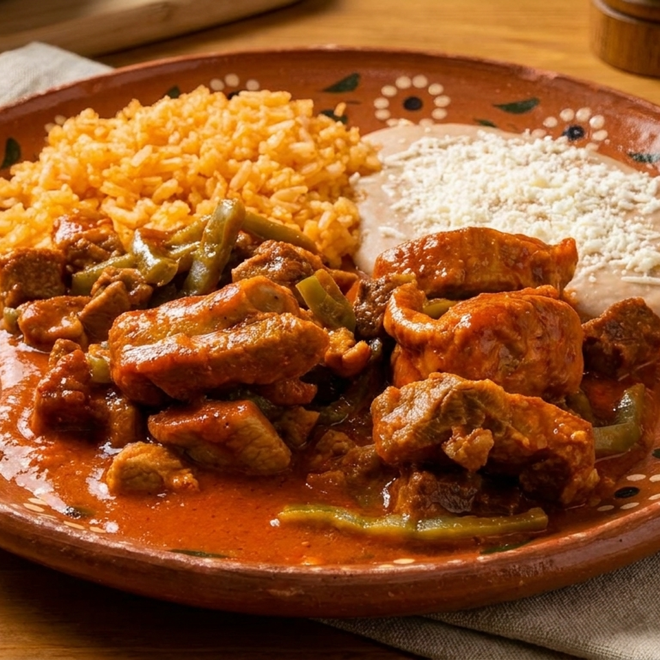 Mexican-style plate of saucy chicken and vegetables with orange rice and refried beans on a colorful ceramic dish.