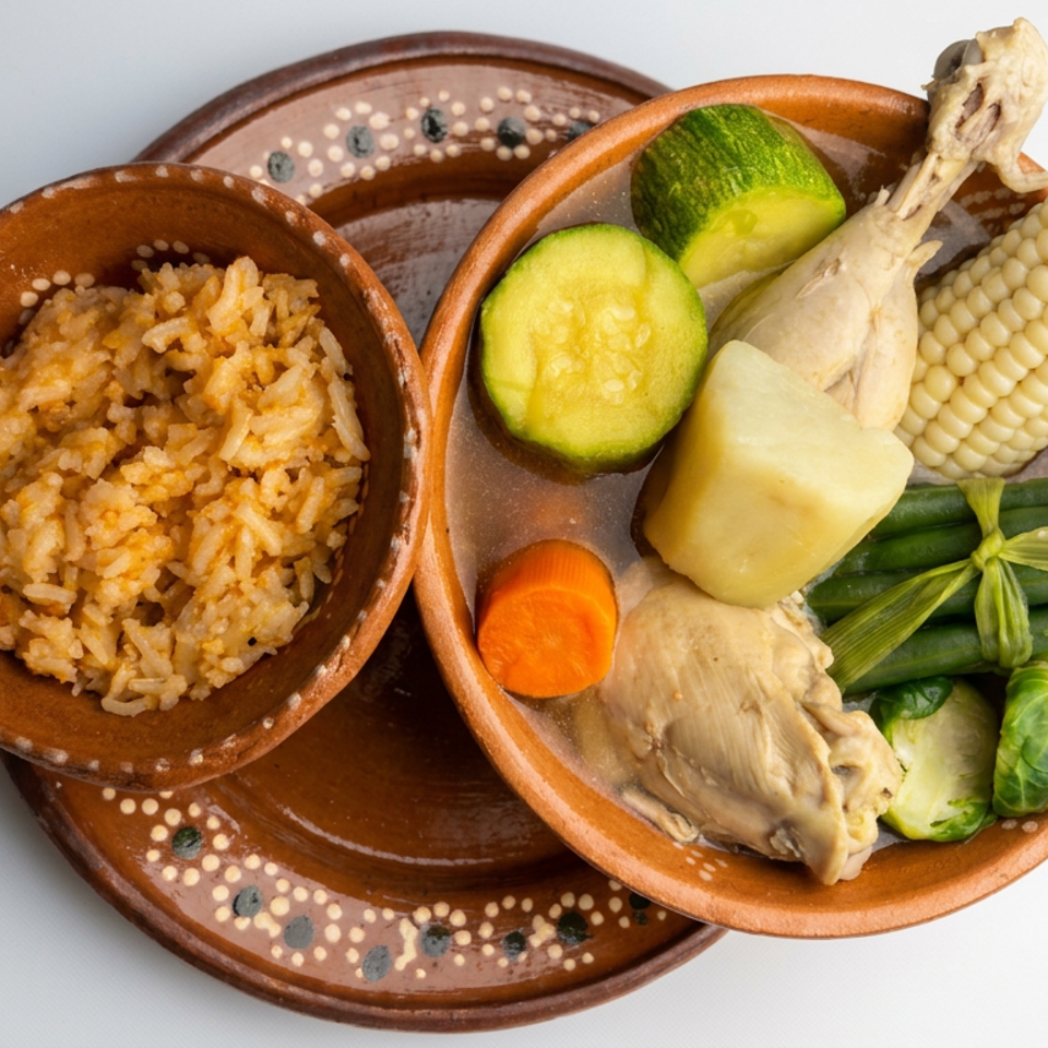 Clay dishes hold seasoned rice and boiled chicken with corn, squash, cucumber, carrot, and Brussels sprouts.