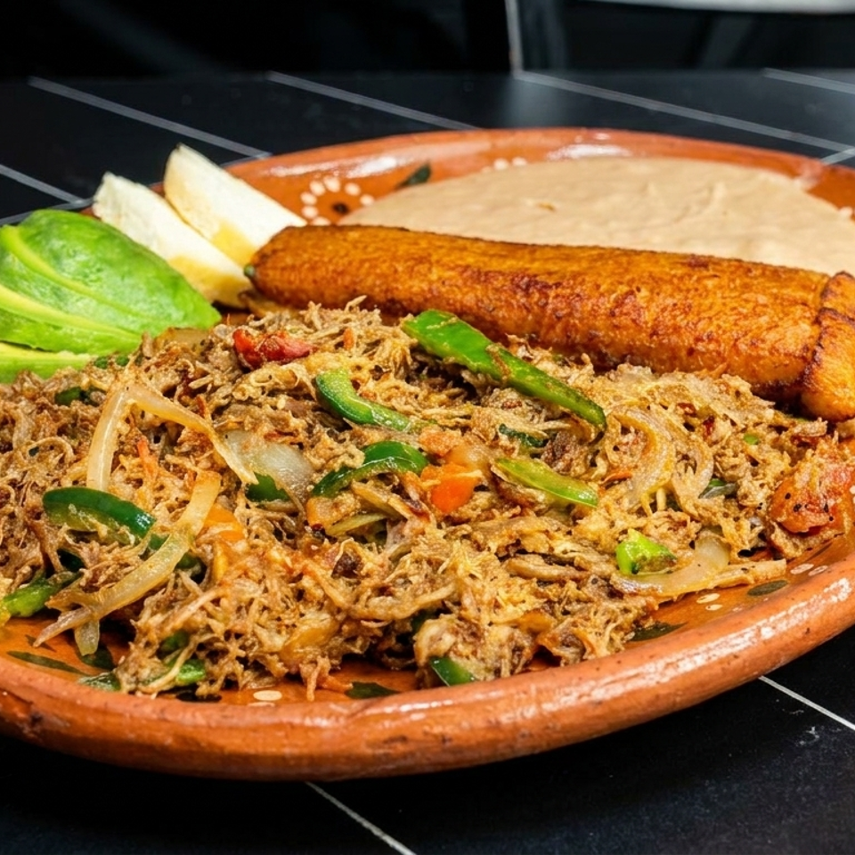 Traditional Mexican platter with shredded meat, fried plantains, avocado, tortillas, and sautéed peppers on a decorative clay plate.