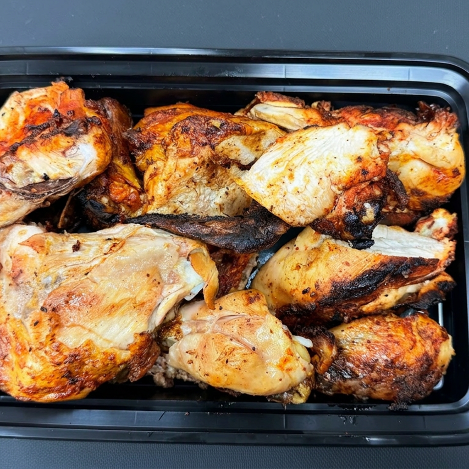Tray filled with assorted grilled chicken pieces, featuring browned, charred edges and golden roasted skin.
