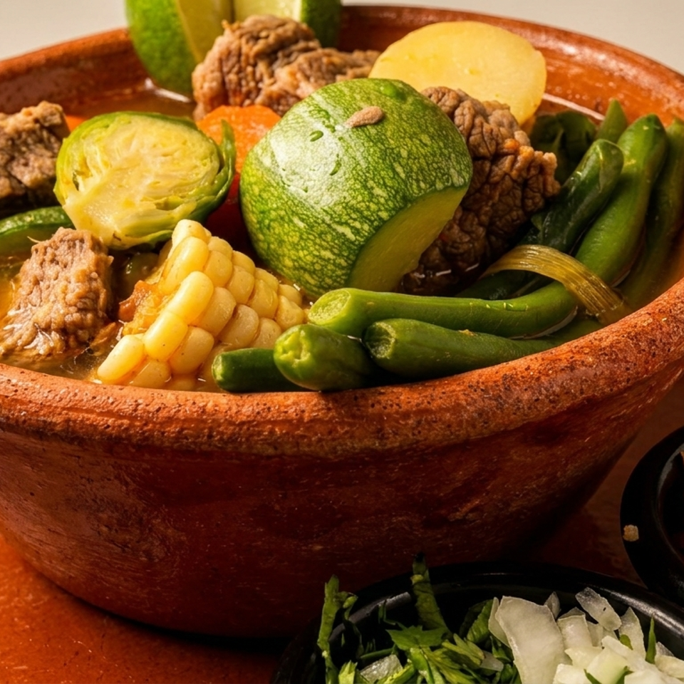 Clay bowl of Mexican beef and vegetable stew with zucchini, corn, green beans, and potatoes, served with Mexican rice and garnishes.