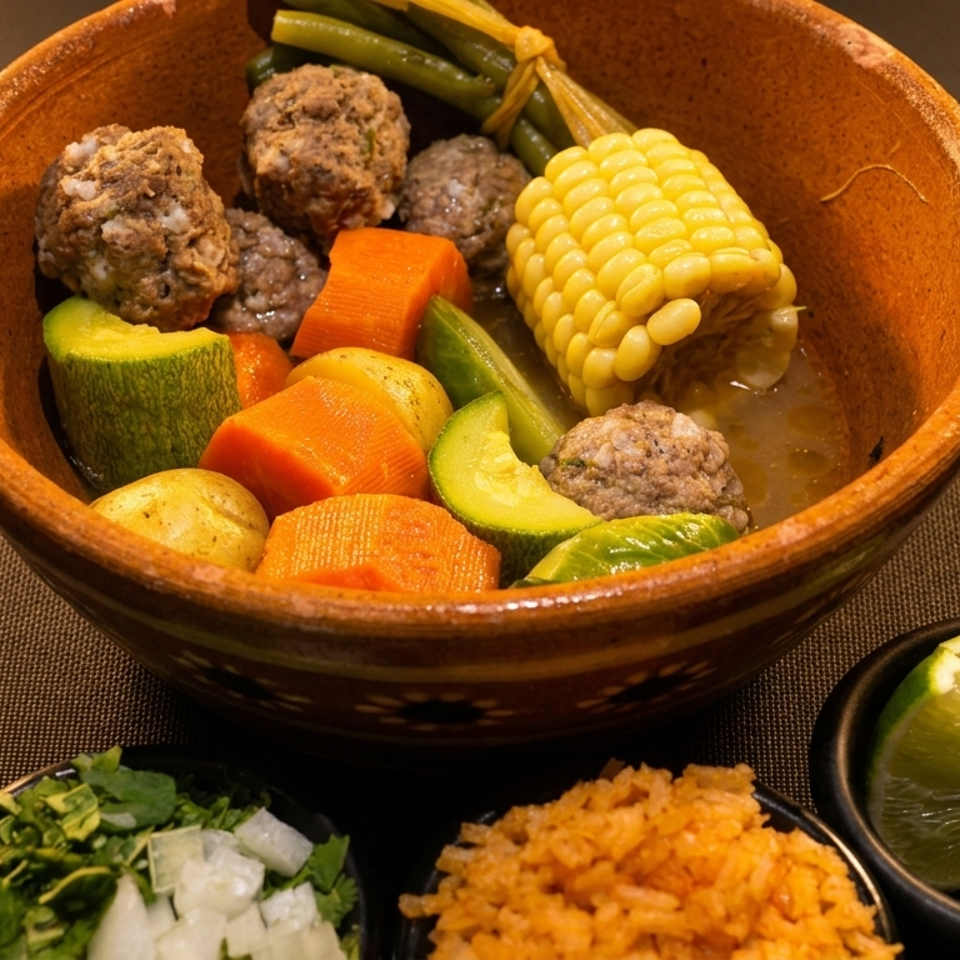 Bowl of meatballs, corn, carrots, zucchini, potatoes, and green beans served with rice, herbs, onions, and lime wedges.